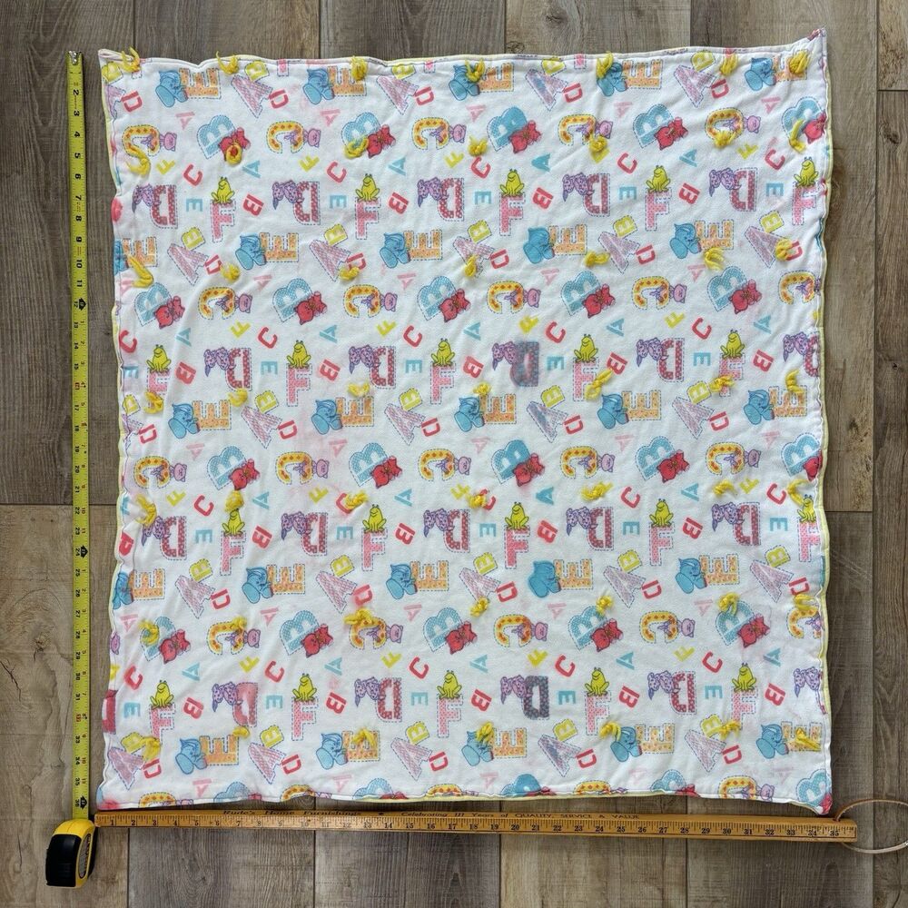 Vtg Baby Blanket Alphabet Nursery Animals 90s Fleece Handmade Cat Bear Elephant - Picture 9 of 11